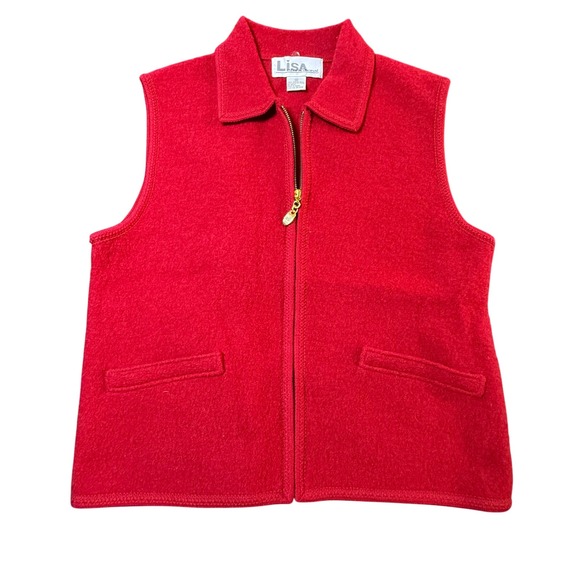 Lisa International Boiled Wool Vest Medium Red Sleeveless Collared Zip Up - Picture 1 of 6